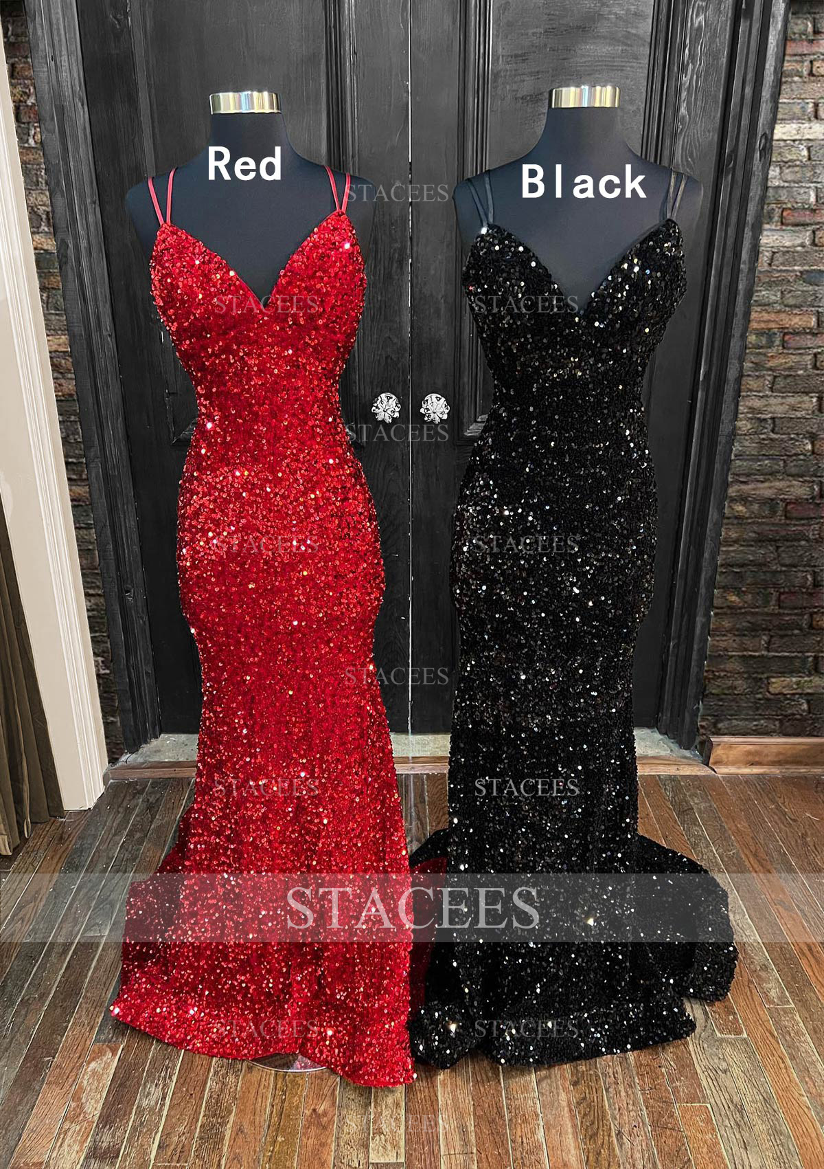 Red Trumpet/Mermaid V Neck Sleeveless Velvet Sequins Court Train Prom Dress With Pleated - STACEES