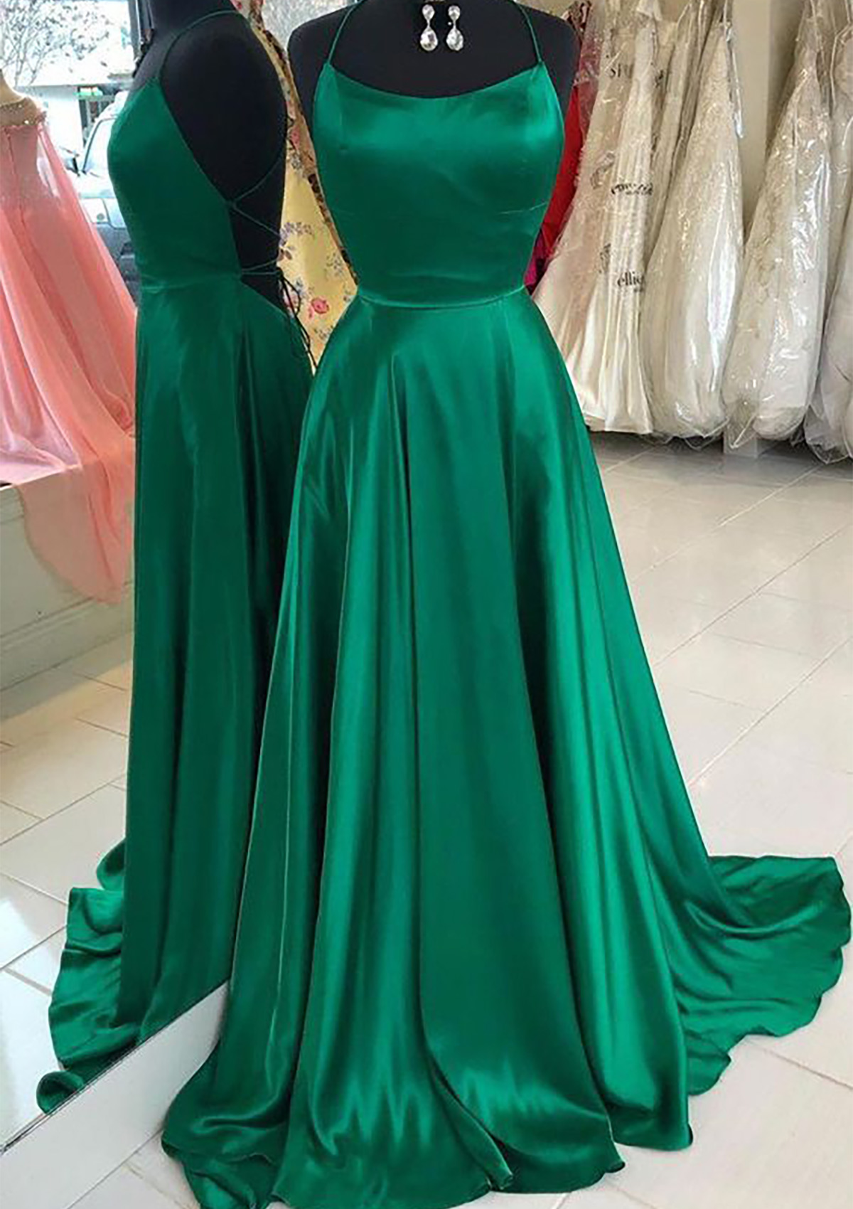 Dark Green A-line Bateau Spaghetti Straps Sweep Train Charmeuse Prom Dress - STACEES