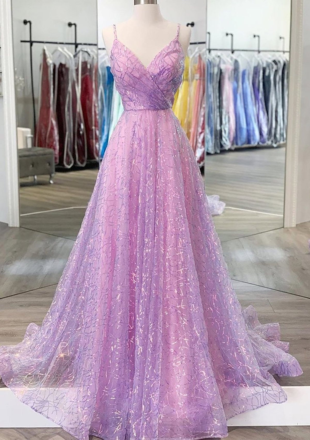 A-line V Neck Spaghetti Straps Sweep Train Sequined Prom Dress With Pleated