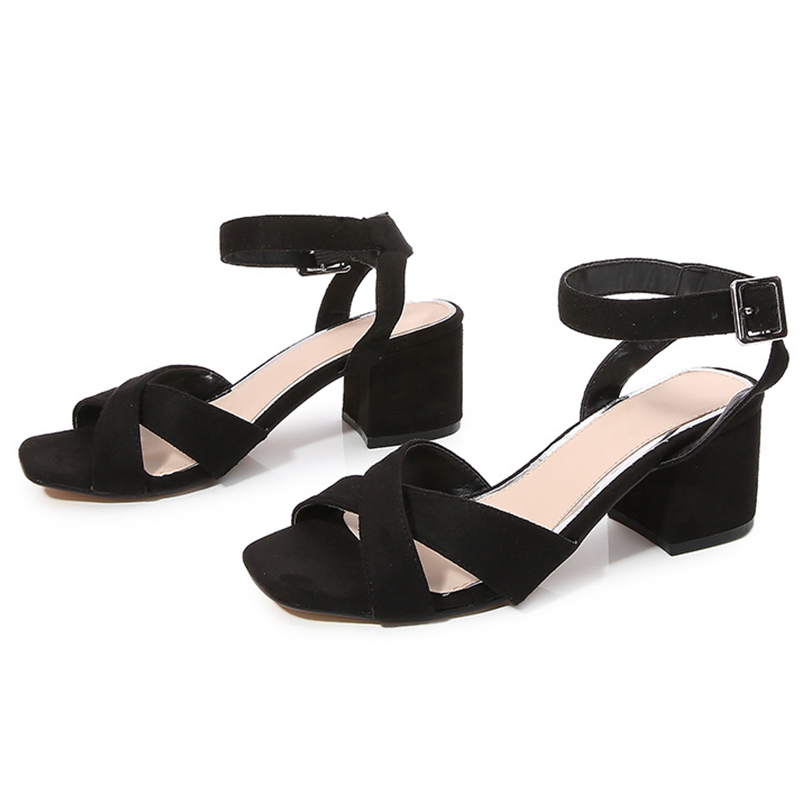 Patent Leather Suede Peep Toe Chunky Heel Outdoor Shoes With Buckle 
