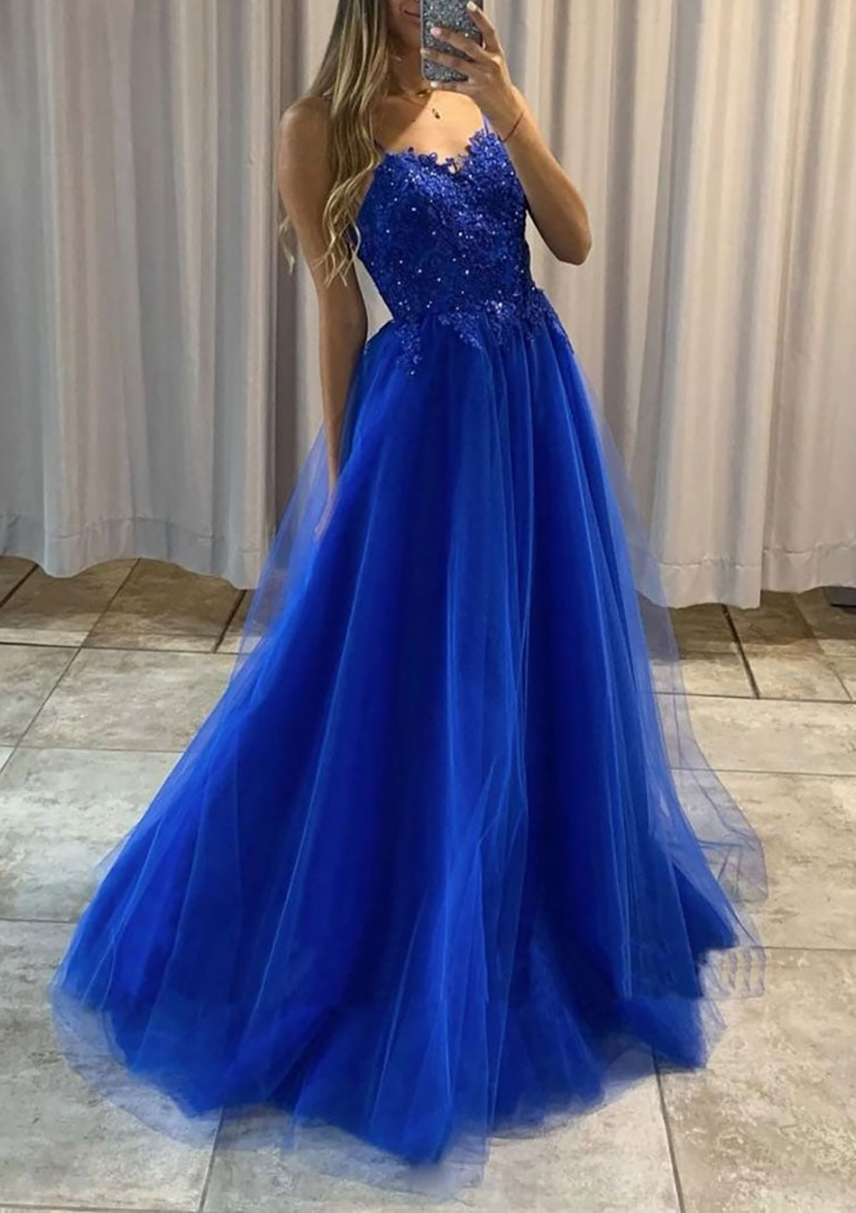 Royal Blue A-line Sweetheart Spaghetti Straps Long/Floor-Length Tulle Prom Dress With Appliqued Beading - STACEES