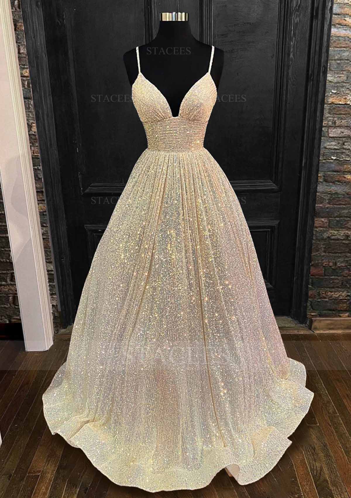Champagne Princess A-line V Neck Spaghetti Straps Long/Floor-Length Sequined Prom Dress With Pleated - STACEES