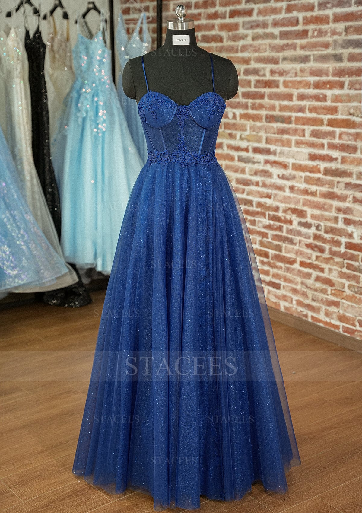 As Picture A-line Long/Floor-Length Spaghetti Straps Tulle Prom Dress With Appliqued Glitter - STACEES