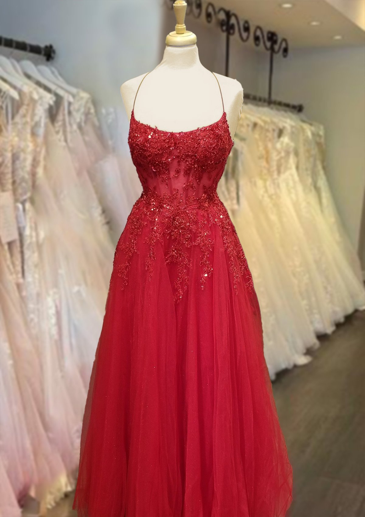 Red A-line Square Neckline Spaghetti Straps Long/Floor-Length Tulle Prom Dress With Appliqued Beading Glitter - STACEES