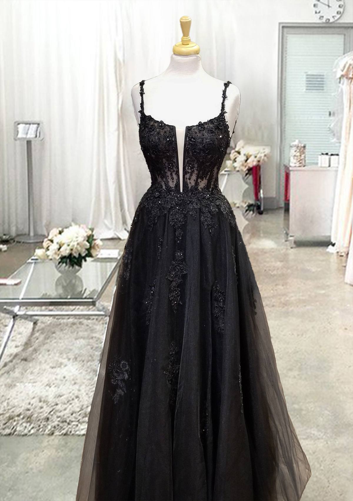 Black A-line Square Neckline Spaghetti Straps Long/Floor-Length Tulle Prom Dress With Glitter Beading Appliqued - STACEES