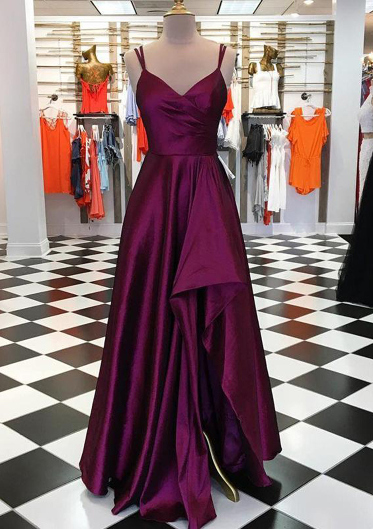 Grape A-line V Neck Spaghetti Straps Long/Floor-Length Satin Prom Dress With Pleated Split - STACEES