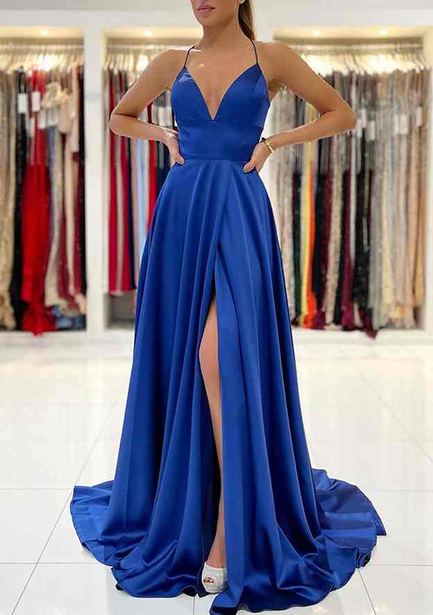 A-line V Neck Sleeveless Charmeuse Sweep Train Prom Dress With Split