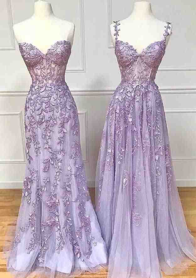 A-line Sweetheart Spaghetti Straps Sweep Train Lace Prom Dress With Beading