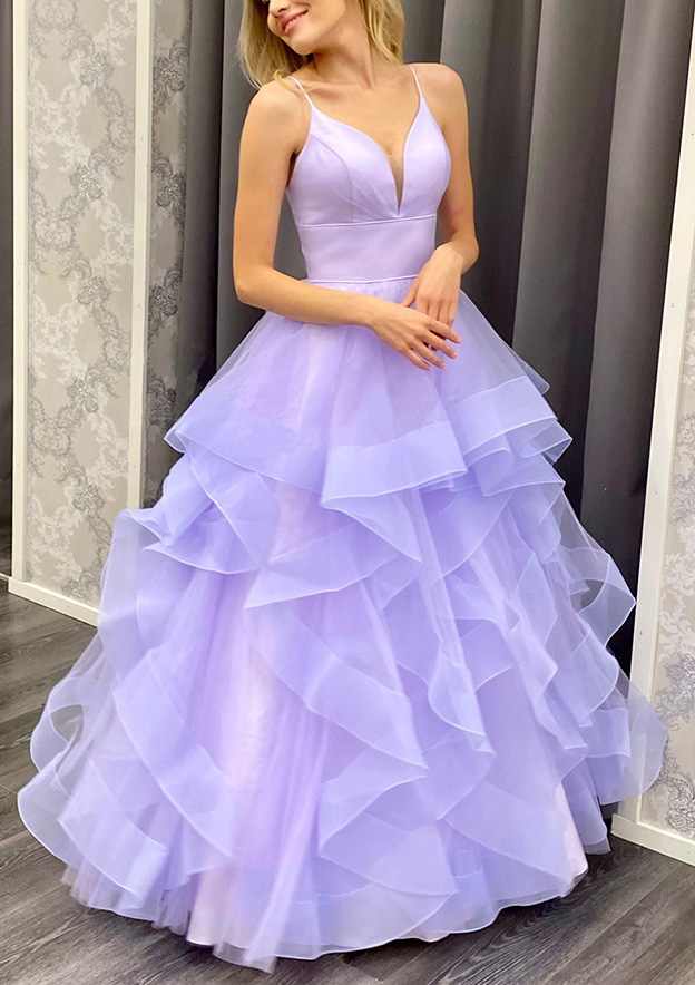 A-line V Neck Spaghetti Straps Long/Floor-Length Tulle Prom Dress With Ruffles