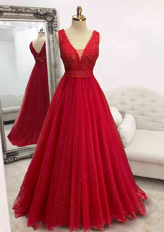  A-line Princess V Neck Long/Floor-Length Sparkly Tulle Prom Dress With Appliqued Beading Glitter