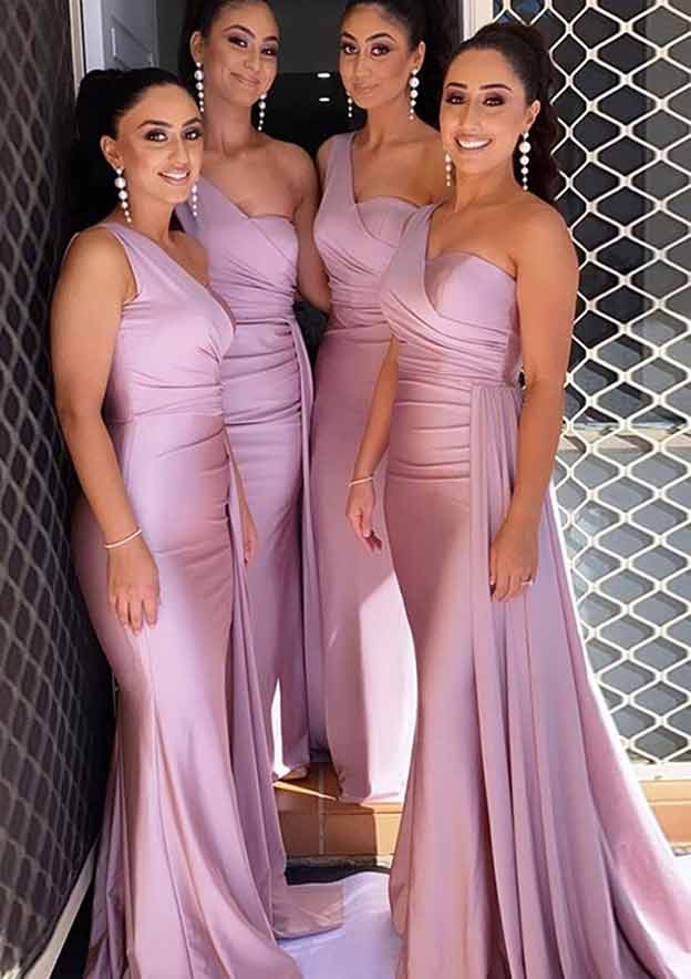 Trumpet/Mermaid One-Shoulder Sleeveless Sweep Train Jersey Bridesmaid Dress With Pleated Side Draping