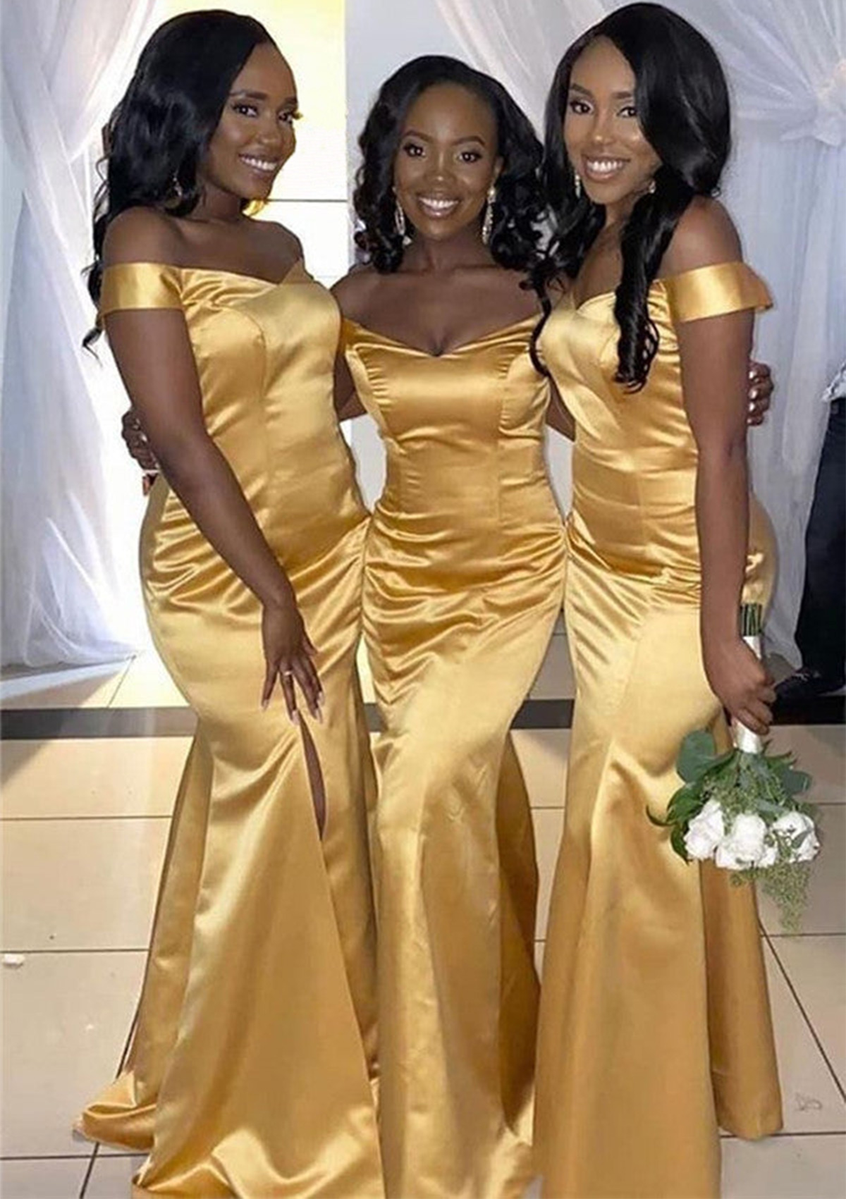 Trumpet/Mermaid Off-the-Shoulder Long/Floor-Length Charmeuse Bridesmaid Dress With Pleated Split