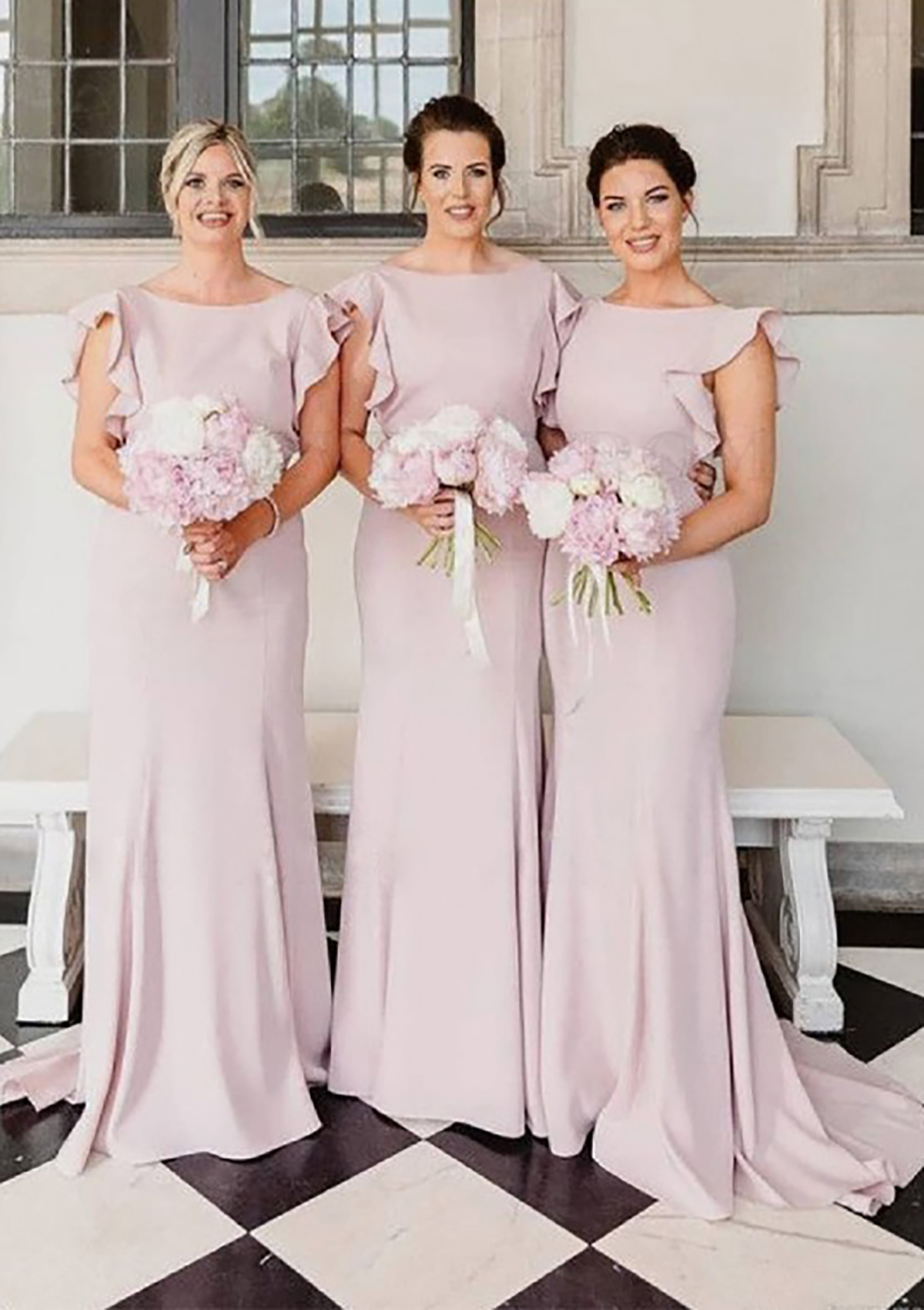 Sheath/Column Scoop Neck Sleeveless Sweep Train Stretch Crepe Bridesmaid Dress With Ruffles