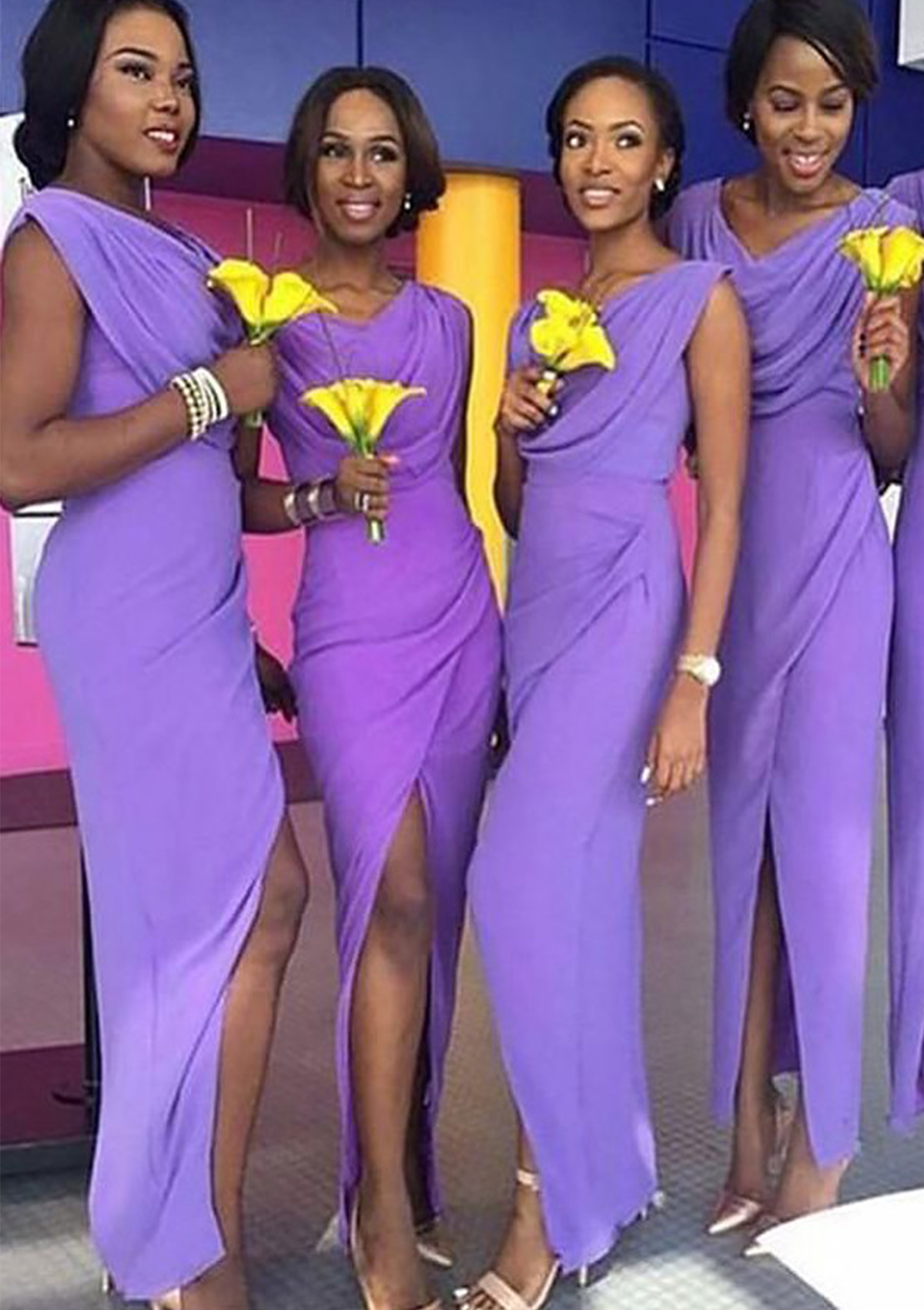Sheath/Column Cowl Neck Sleeveless Long/Floor-Length Chiffon Bridesmaid Dress With Pleated Split