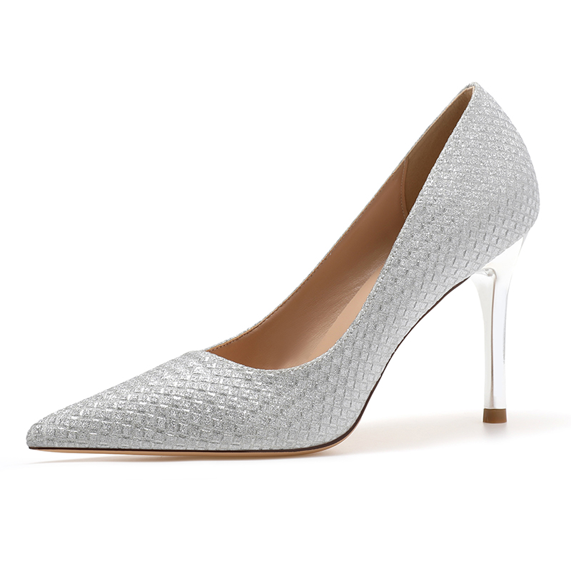 Silver Microfiber Leather Close Toe Stiletto Heel Wedding Shoes With Sequins - STACEES