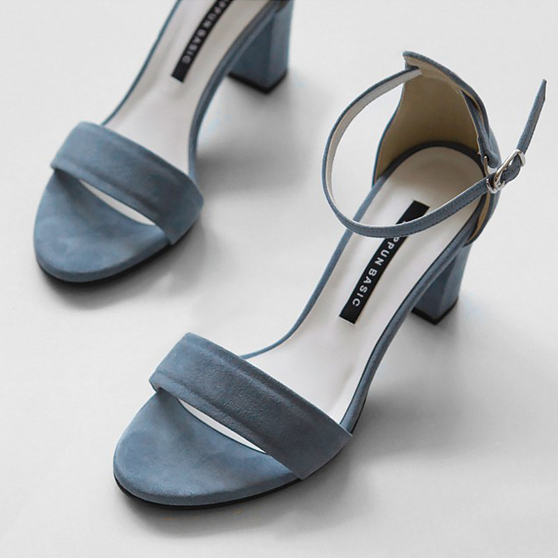 Blue Microfiber Leather Peep Toe Sandals Chunky Heel Outdoor Fashion Shoes With Buckle Ankle Strap - STACEES