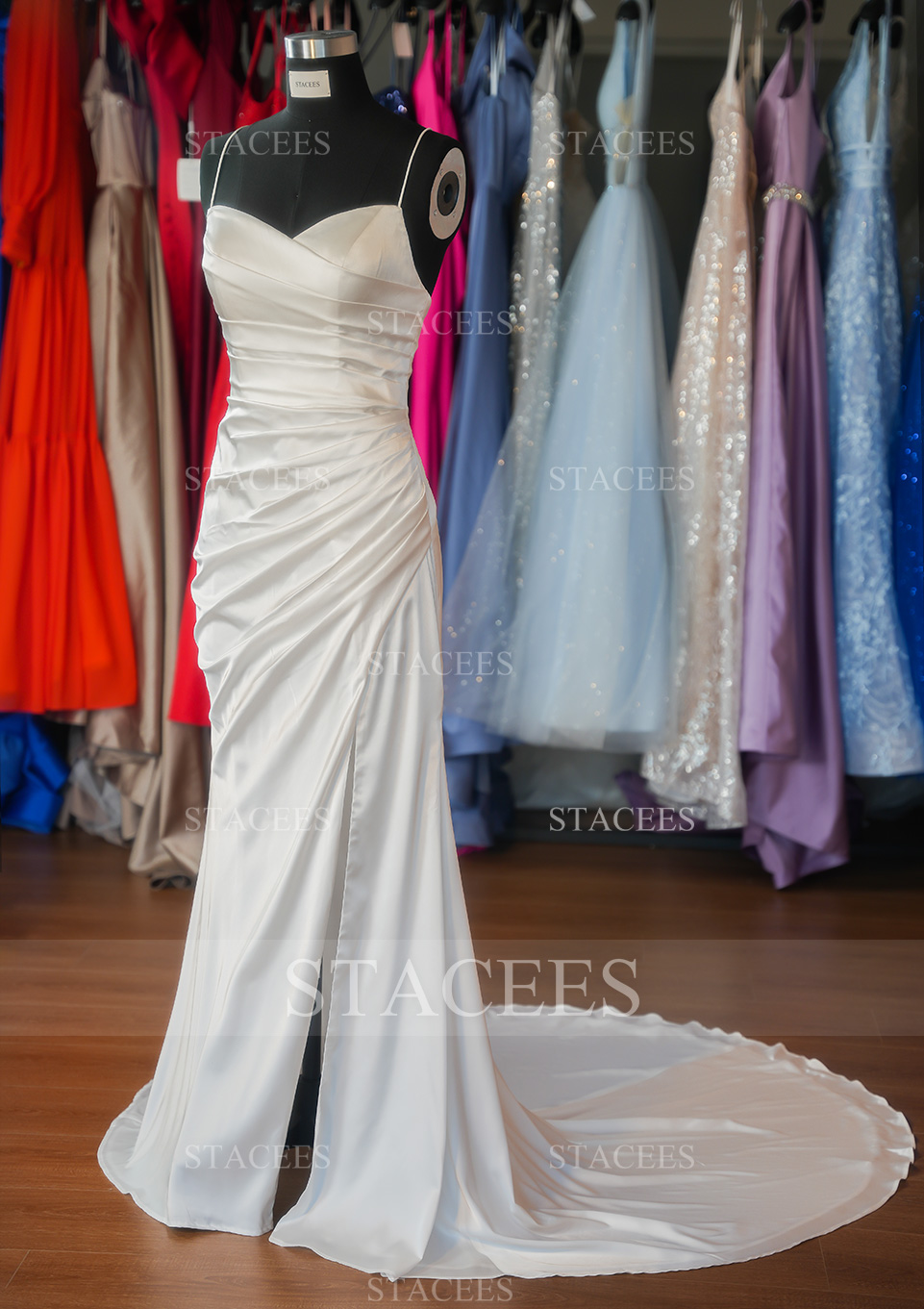 Trumpet/Mermaid V Neck Spaghetti Straps Sweep Train Satin Wedding Dress With Pleated Split