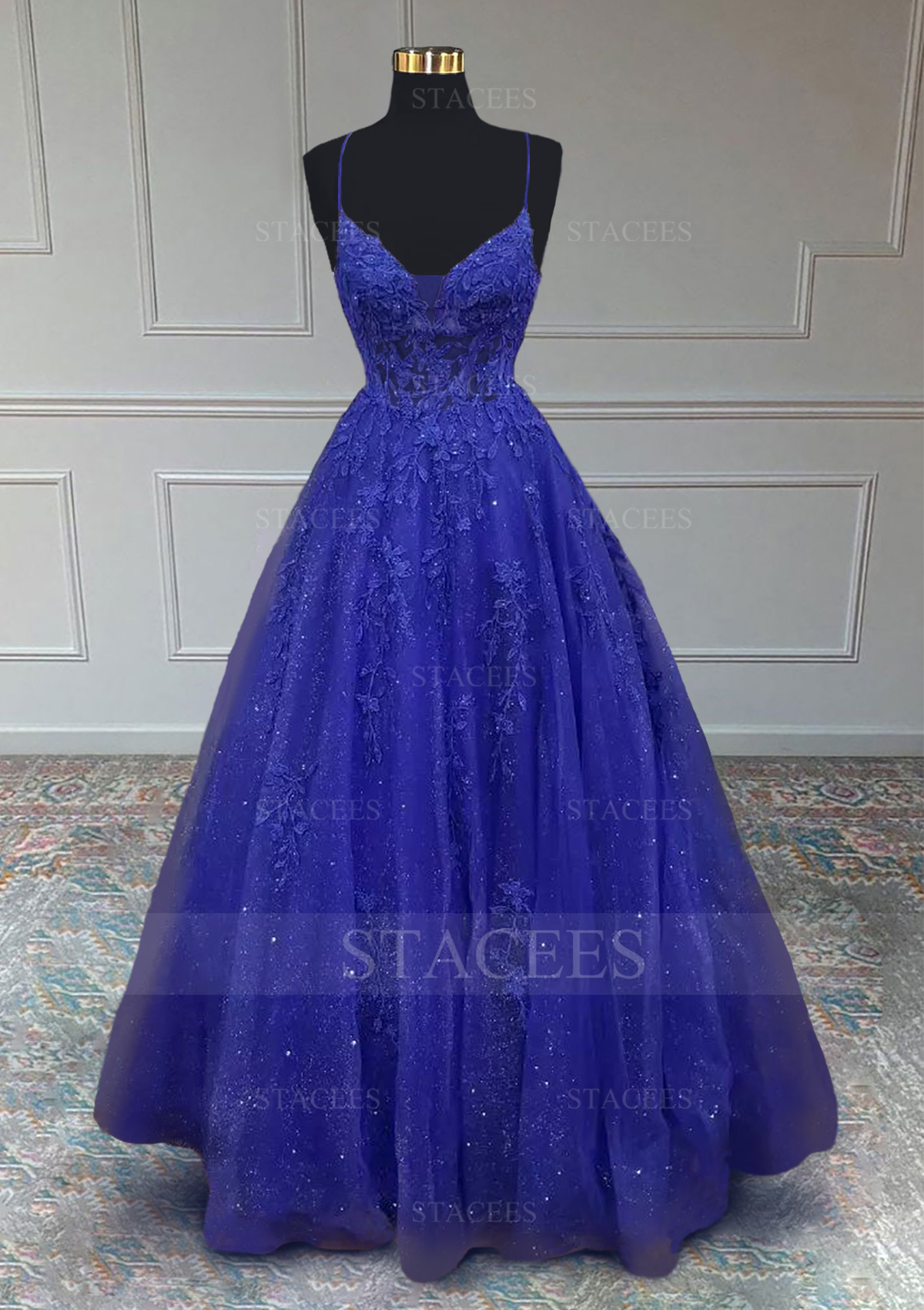 Royal Blue A-line V Neck Spaghetti Straps Long/Floor-Length Tulle Prom Dress With Appliqued Beading Glitter - STACEES