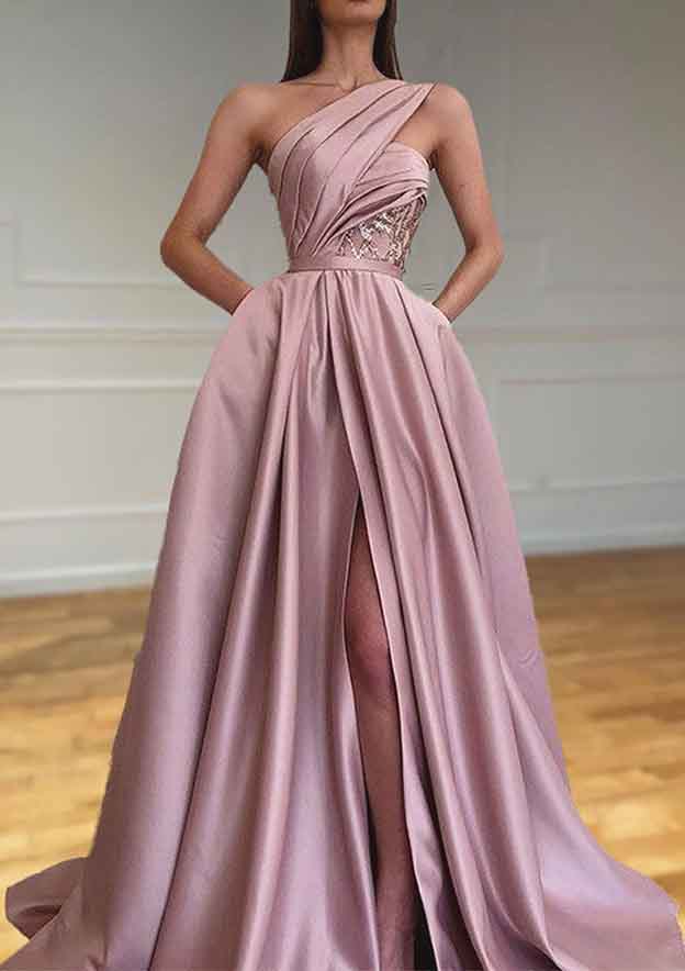 A-line One-Shoulder Sleeveless Sweep Train Satin Prom Dresses With Split Pleated 