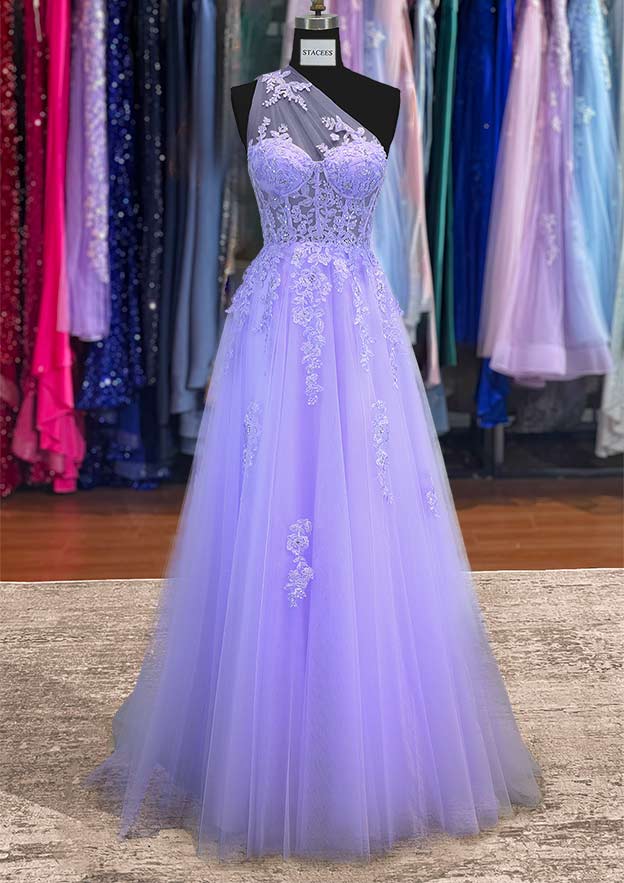 A-line One-Shoulder Sleeveless Tulle Long/Floor-Length Prom Dress with Appliqued Beading