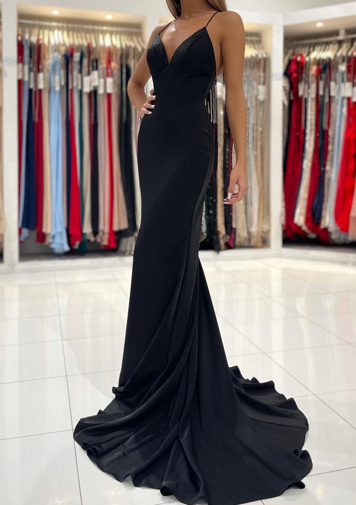 Black Trumpet/Mermaid V Neck Sweep Train Sleeveless Elastic Satin Prom Dress - STACEES