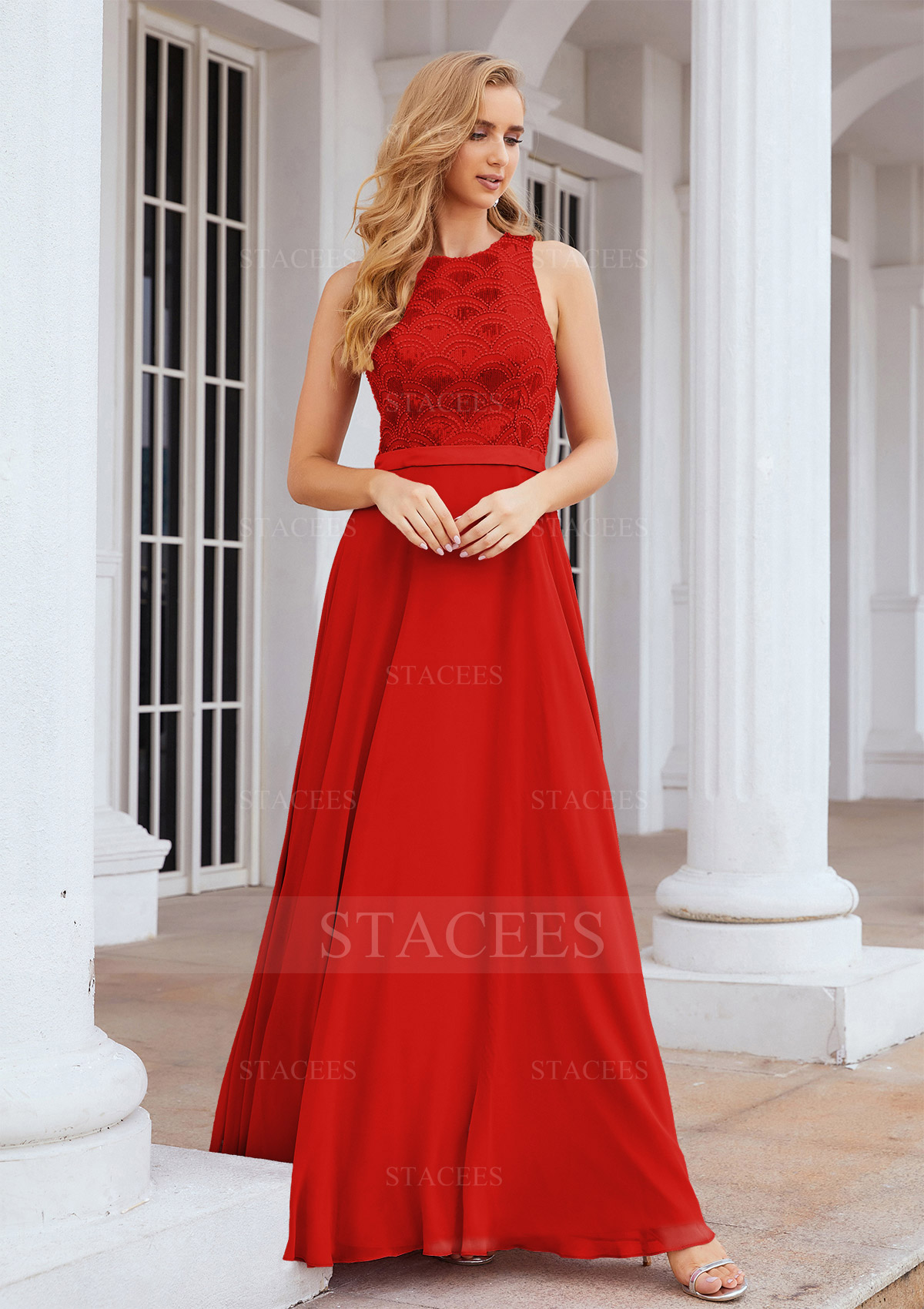 Red A-line Empire Scalloped Neck Sleeveless Chiffon Long/Floor-Length Bridesmaid Dress With Beading Sequins - STACEES