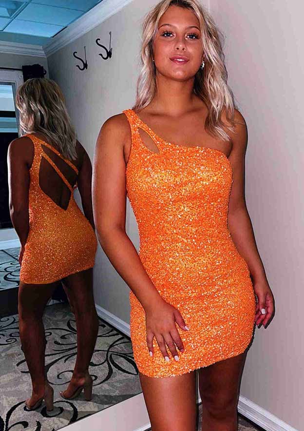 Sheath/Column One-Shoulder Sleeveless Sequined Short/Mini Homecoming Dress