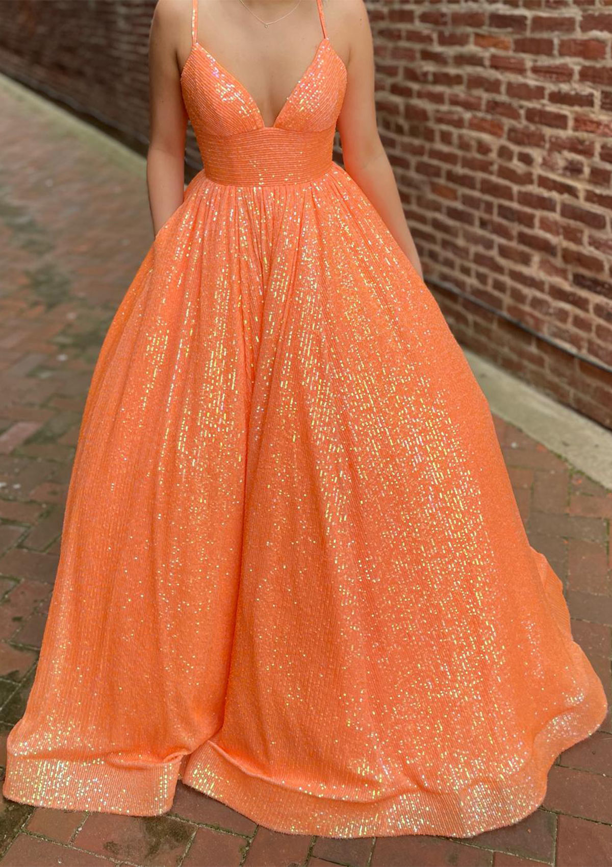 Orange A-line V Neck Sleeveless Sweep Train Sequined Prom Dress with Pockets - STACEES