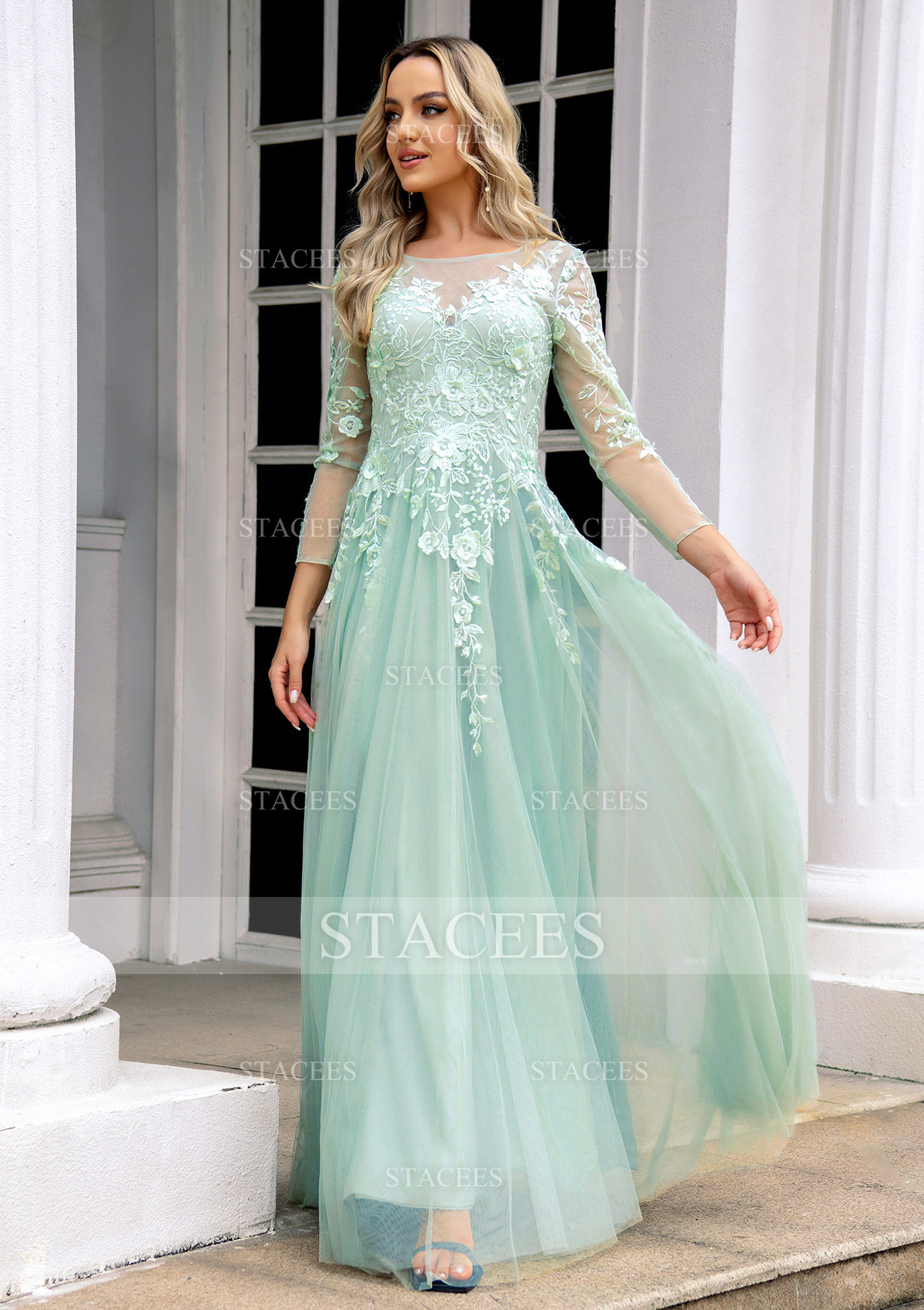 Light Blue Vestido línea a escote ilusión tul hasta el suelo vestido de graduación - STACEES