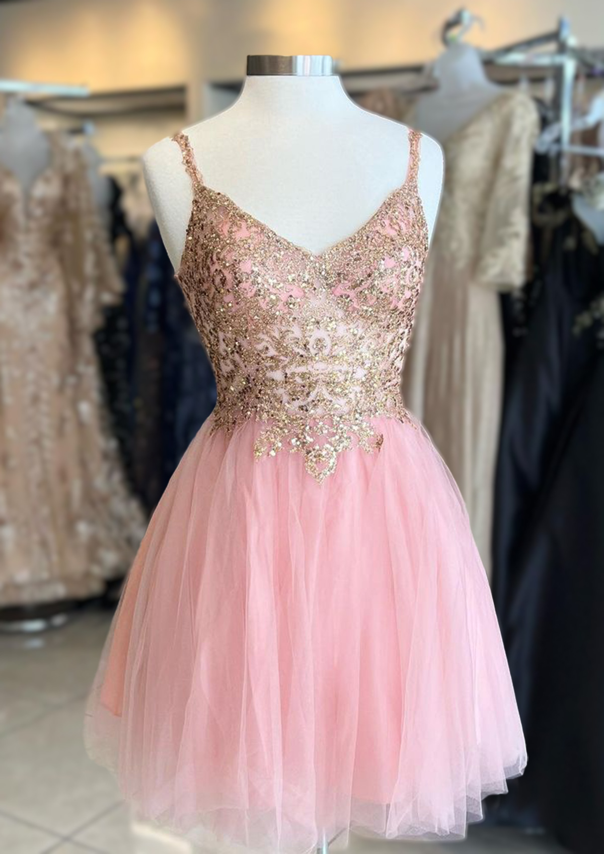 Blushing Pink Short Appliqued Sequins A-line Tulle Homecoming Dress - STACEES