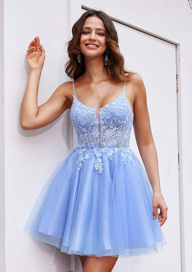 A-line Scoop Neck Sleeveless Short/Mini Tulle Homecoming Dress with Appliqued Beading Glitter