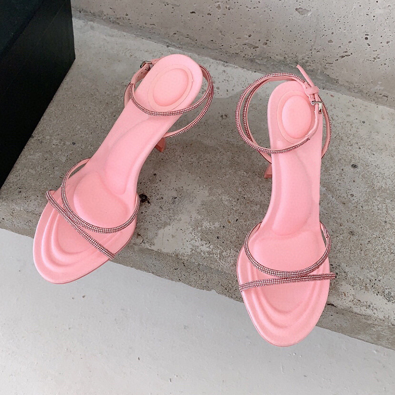 Pink Peep Toe Sandals SlingBacks PU with Crystal Buckle Ankle Strap Stiletto Heel Shoes - STACEES