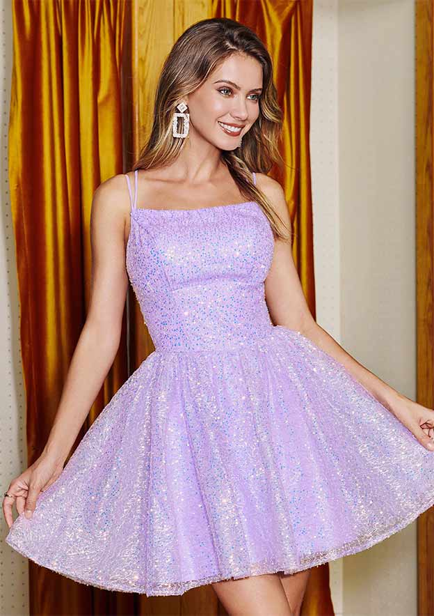 A-line Square Neckline Sleeveless Short/Mini Sequins Homecoming Dress