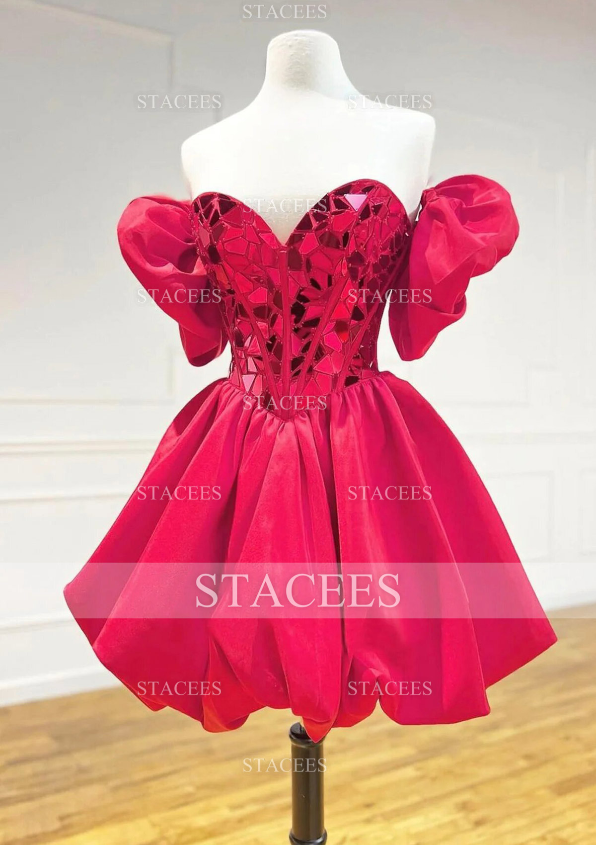Red  A-line Princess Sweetheart Short Sleeve Short/Mini Satin Homecoming Dress with Sequins Bubble - STACEES