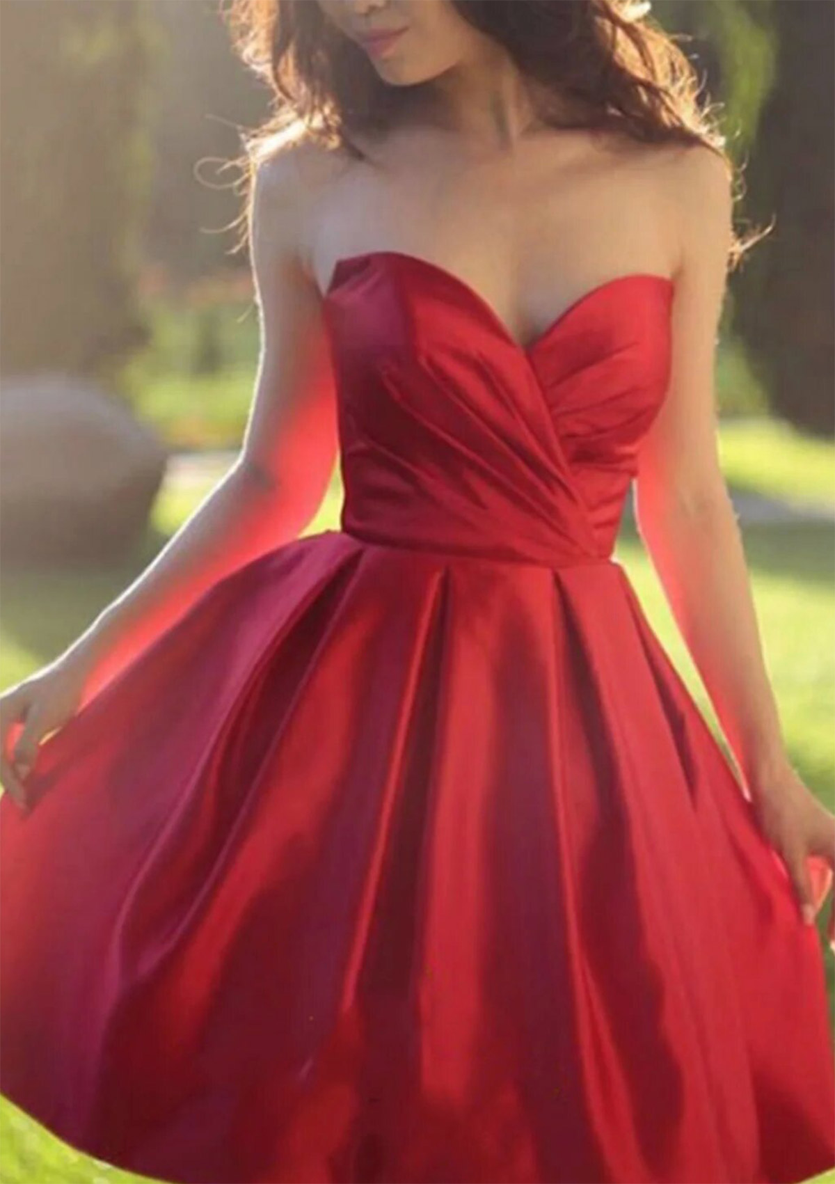 Red A-line Sweetheart Sleeveless Short/Mini Satin Homecoming Dress with Pleated - STACEES