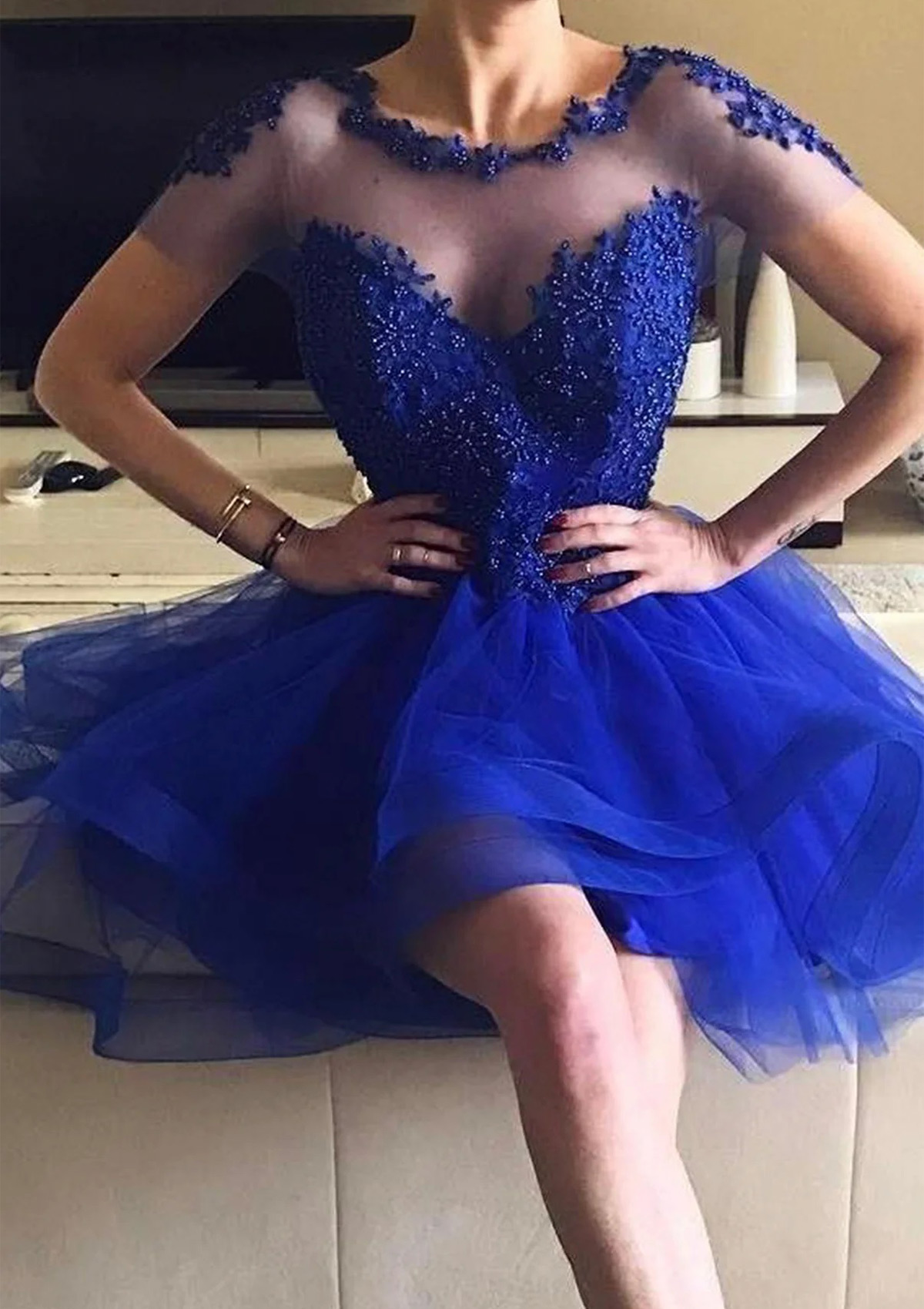 A-line Illusion Neck Short Sleeve Asymmetrical Tulle Homecoming Dress with Appliqued Beading