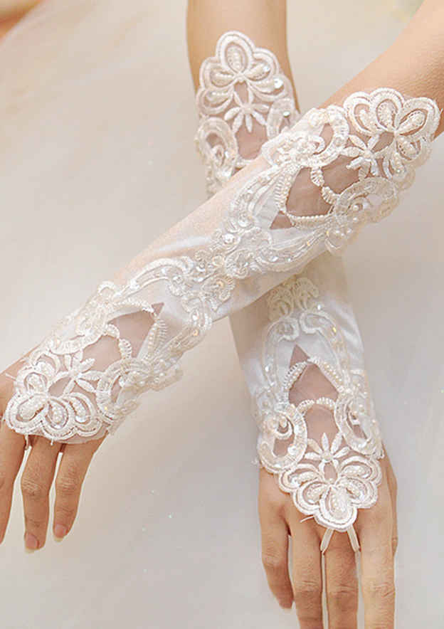 Ivoire Classique longueur du coude dentelle avec perles gants de mariée - STACEES
