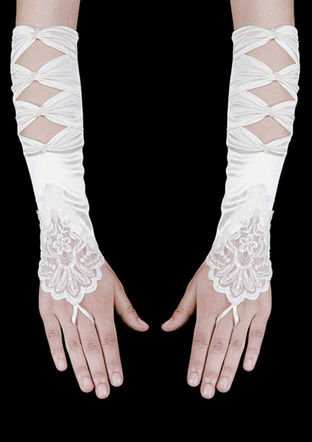 Blanc Longueur du Coude Satin avec Perles Gants de Mariée - STACEES