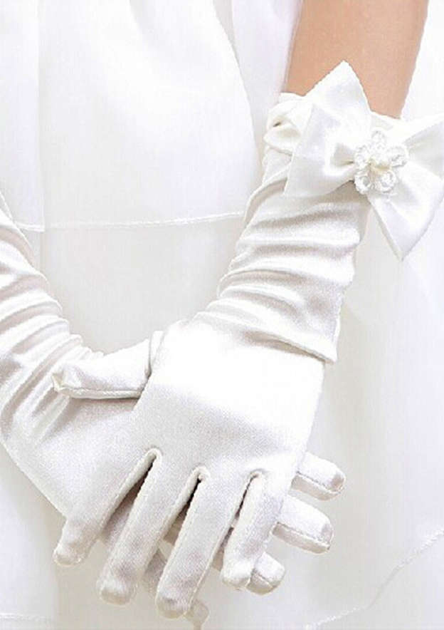 White Longueur du Coude Satin avec Noeud Papillon Gants de Cortège Fille - STACEES