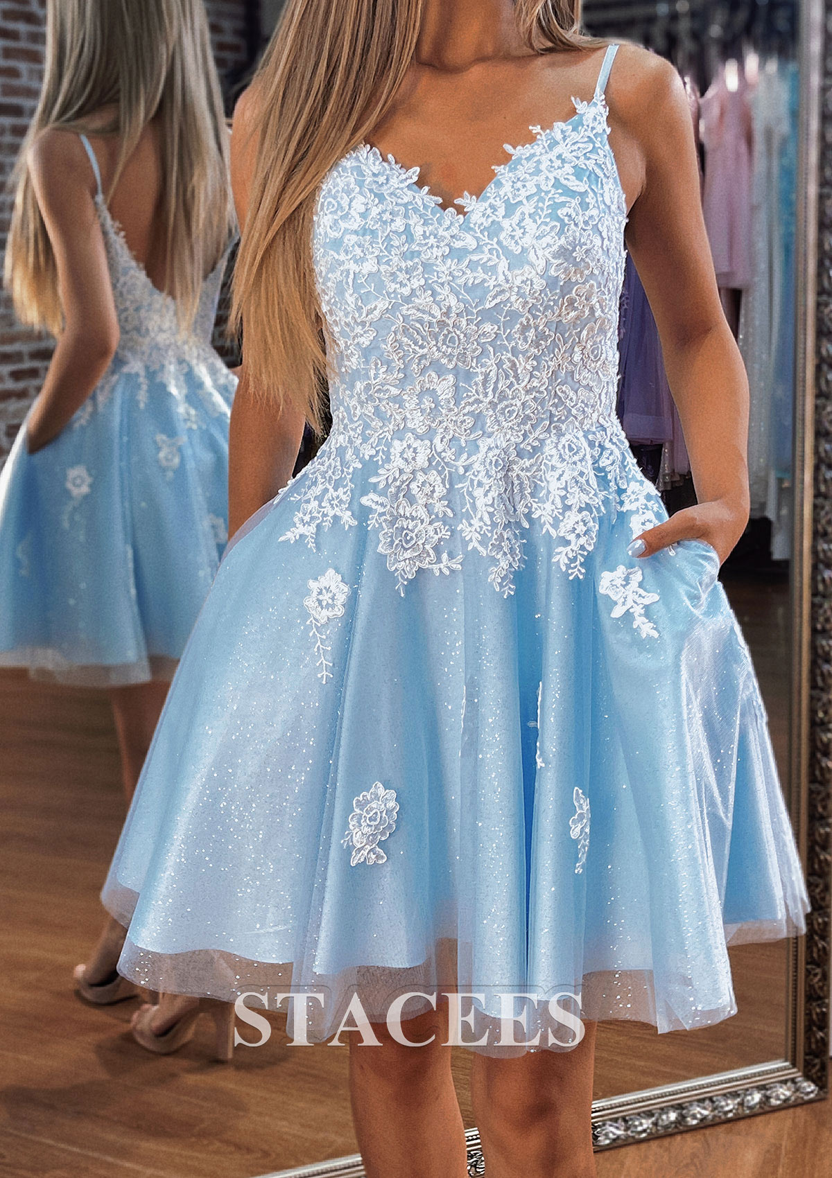 homecoming dresses for 6th graders A-line V Neck Sleeveless Short/Mini Tulle Dress with Appliqued Pockets Glitter S7114H - Homecoming No Embellishment