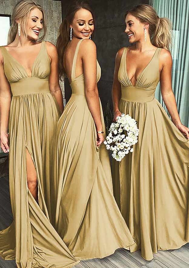 Jersey Bridesmaid Dress A-Line/Princess V-Neck Sweep Train With Split Front Pleated Waistband 