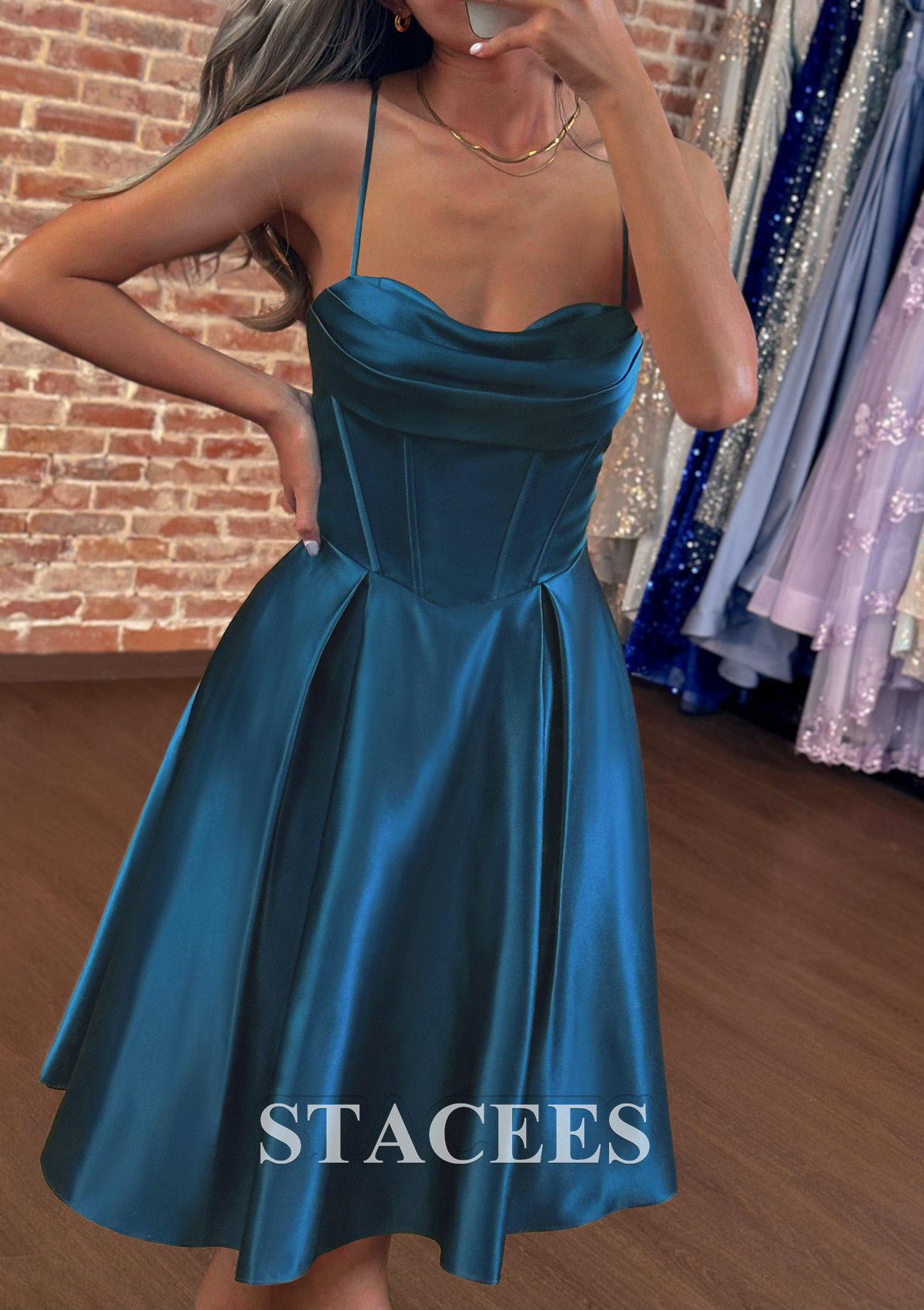 A-line Cowl Neck Sleeveless Knee-Length Satin Homecoming Dress with Pleated Pockets