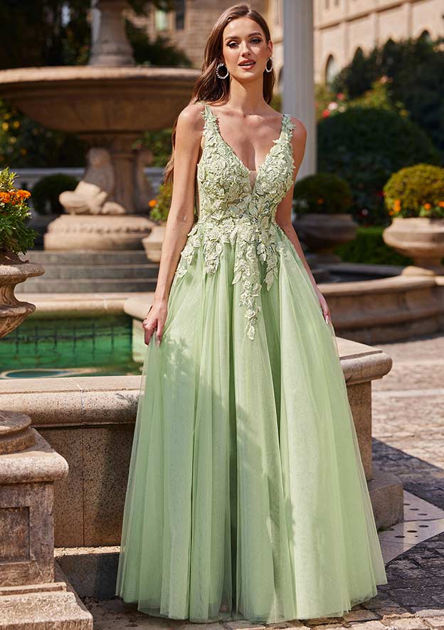 A-line V Neck Sleeveless Floor-Length Tulle Prom Dress with Appliqued Beading