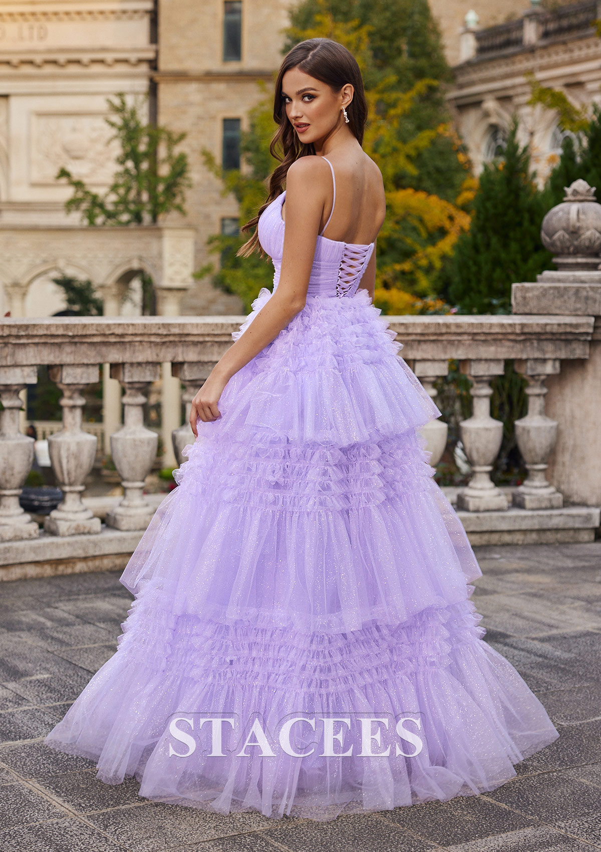 Lavender A-line Princess V Neck Floor-Length Glitter Prom Dress with Pleated Ruffles Split