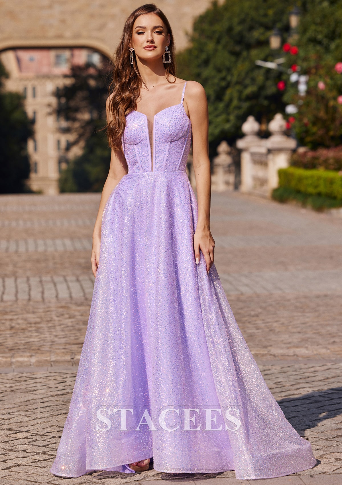 Lilac A-line Princess V Neck Sweep Train Sequined Prom Dress - STACEES
