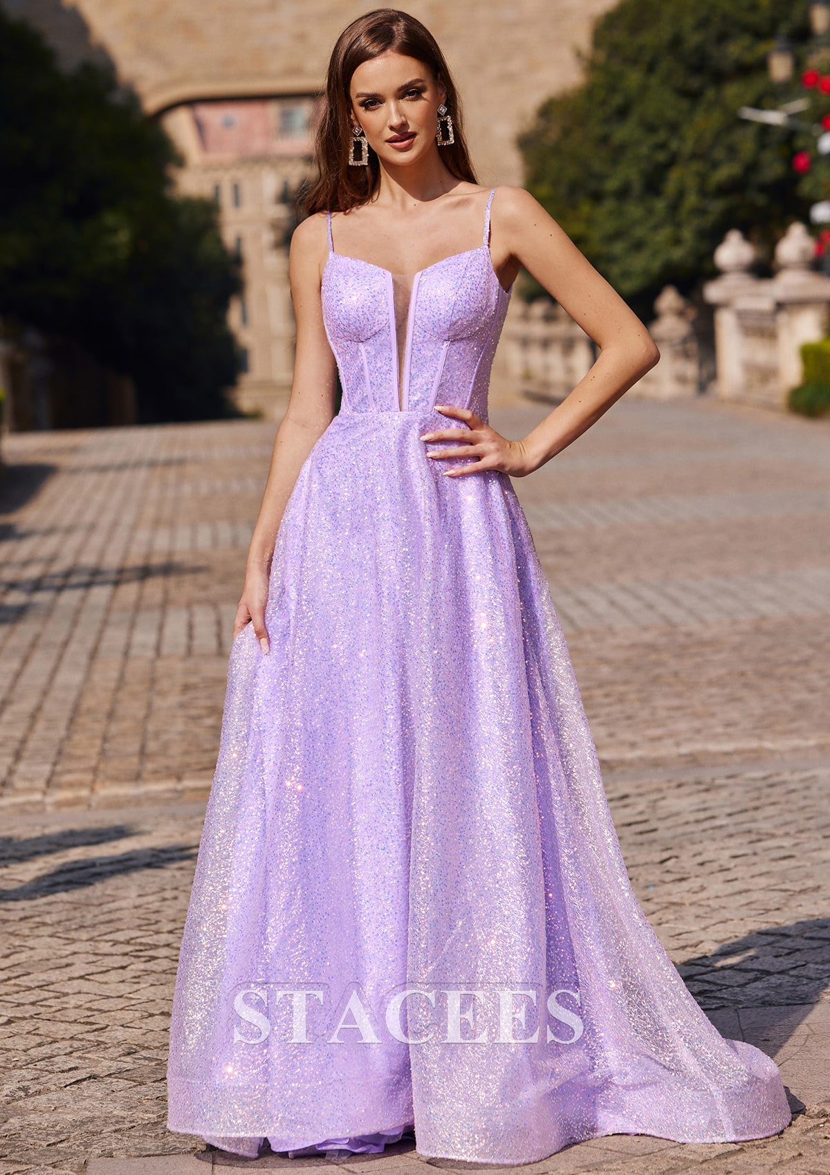 Lilac A-line Princess V Neck Sweep Train Sequined Prom Dress - STACEES