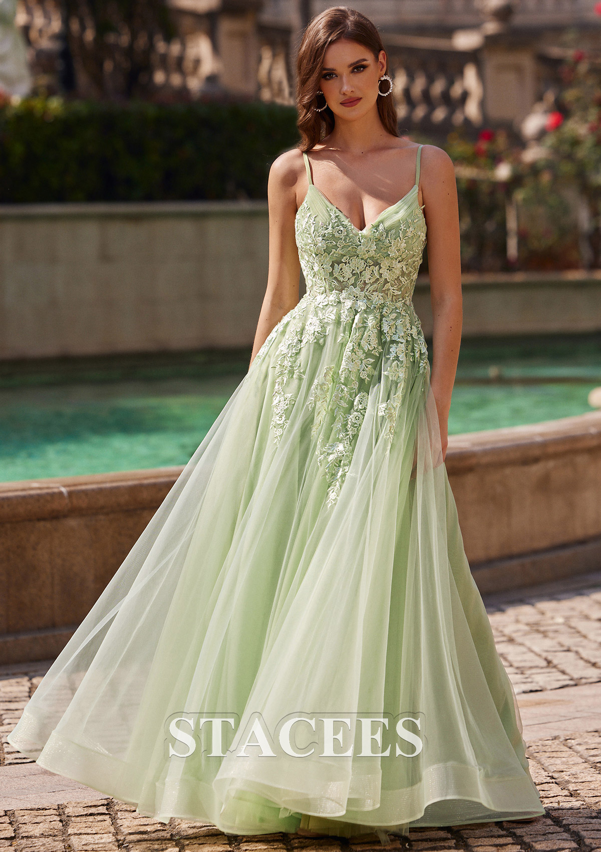 Sage A-line V Neck Sleeveless Floor-Length Tulle Prom Dress with Appliqued - STACEES