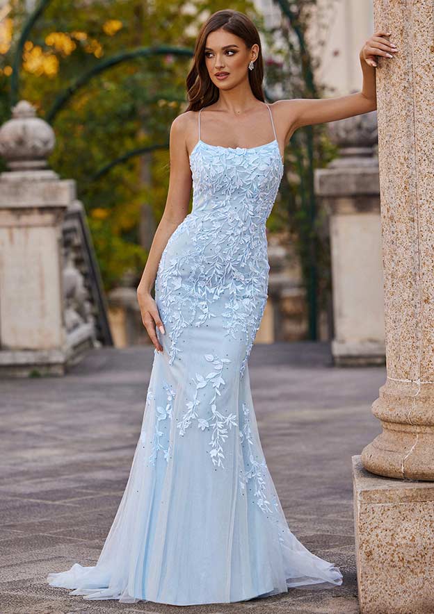 Trumpet/Mermaid Square Neckline Sweep Train Tulle Prom Dress with Beading Lace