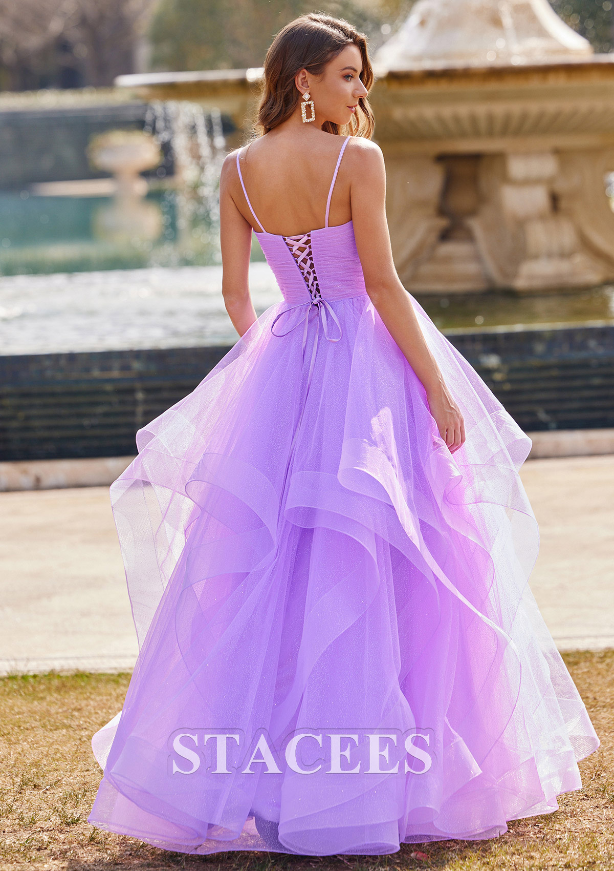 Lila Vestido línea a princesa escote en v tul hasta el suelo vestido de graduación - STACEES