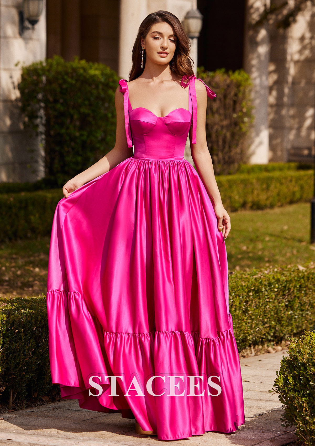 Fuchsia A-line Sweetheart Floor-Length Satin Prom Dress with Pleated Ruffles - STACEES